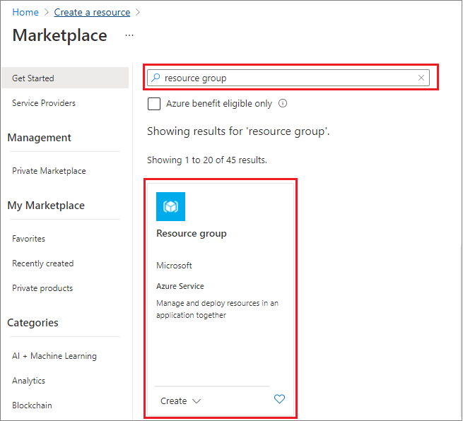 Captura de tela do portal do Azure que mostra como selecionar um grupo de recursos no marketplace.