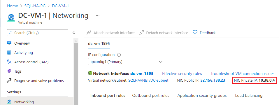 Na página DC-VM-1, escolha Rede no painel Configurações e anote o endereço IP privado do adaptador de rede. Use esse endereço IP como o servidor DNS. 