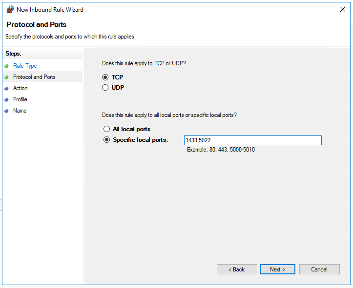 Captura de tela da configuração de uma nova regra para o firewall do Windows.