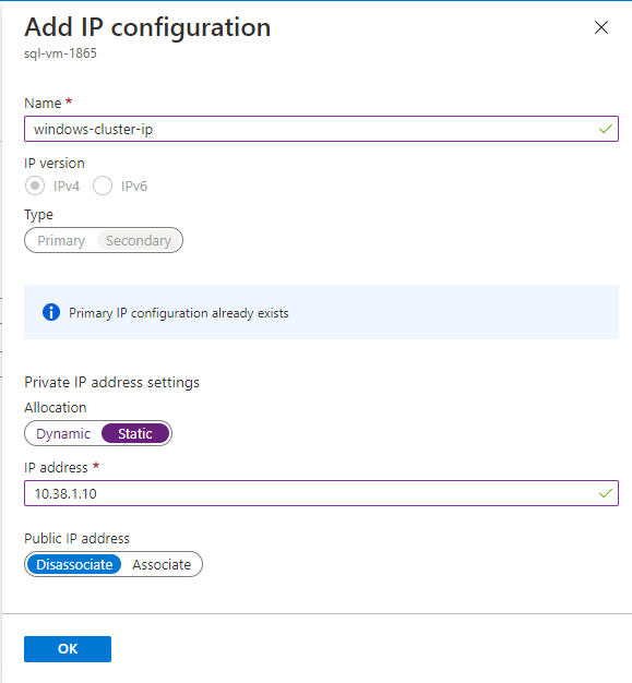 Adicione o IP do cluster inserindo um endereço IP usado na sub-rede da primeira VM do SQL Server