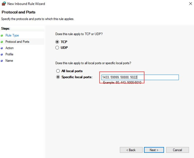 Captura de tela do Assistente para Nova Regra de Entrada para um firewall, que mostra portas locais específicas.