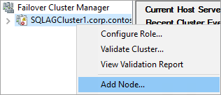 Captura de tela do Gerenciador de Cluster de Failover que mostra as seleções usadas para adicionar um nó a um cluster.