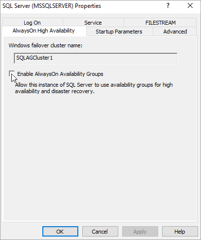 Captura de tela das seleções usadas para habilitar os grupos de disponibilidade Always On nas propriedades do SQL Server.