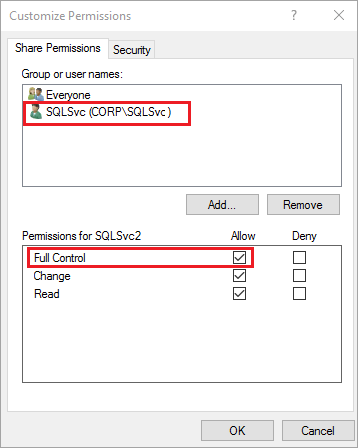 Captura de tela da caixa de diálogo Personalizar Permissões. Certifique-se de que as contas de serviço do SQL Server para ambos os servidores tenham total controle.