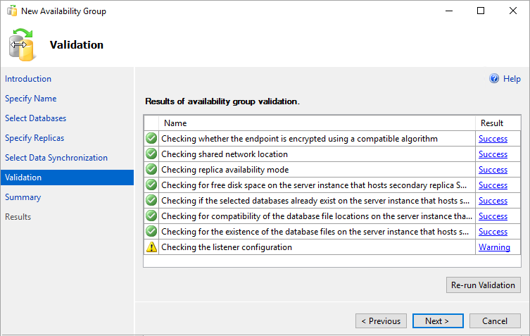 Captura de tela da página que mostra os resultados da validação no Assistente para Novo Grupo de Disponibilidade no SSMS.