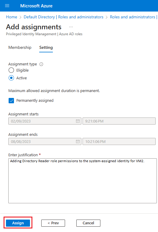 Captura de tela das configurações da página Adicionar atribuição no portal do Azure.