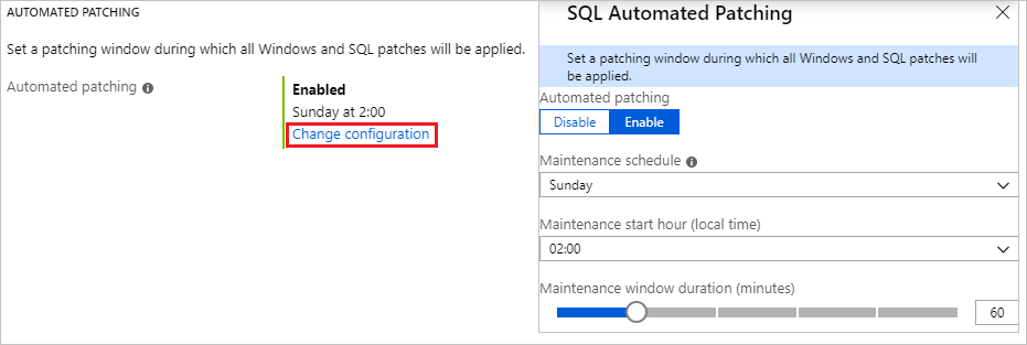 Captura de tela da aplicação de patch automatizada de VM do SQL no portal do Azure.