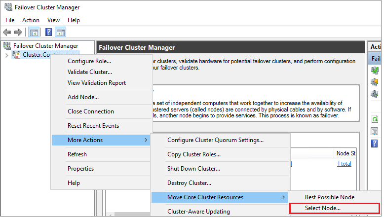 Captura de tela que mostra como testar o failover de cluster movendo o recurso básico para os outros nós.