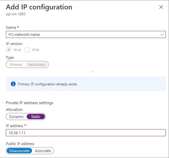 Selecione + Adicionar novamente para configurar mais um endereço IP para o ouvinte do grupo de disponibilidade (com um nome como availability-group-listener), também usando um endereço IP não utilizado em SQL-subnet-1, como 10.31.1.11