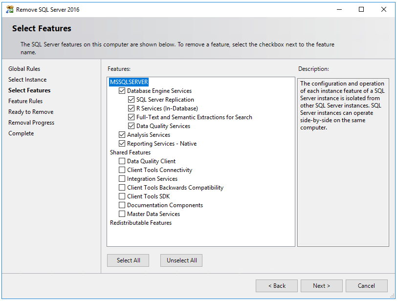 Captura de tela mostrando quais recursos selecionar para desinstalar o SQL Server.