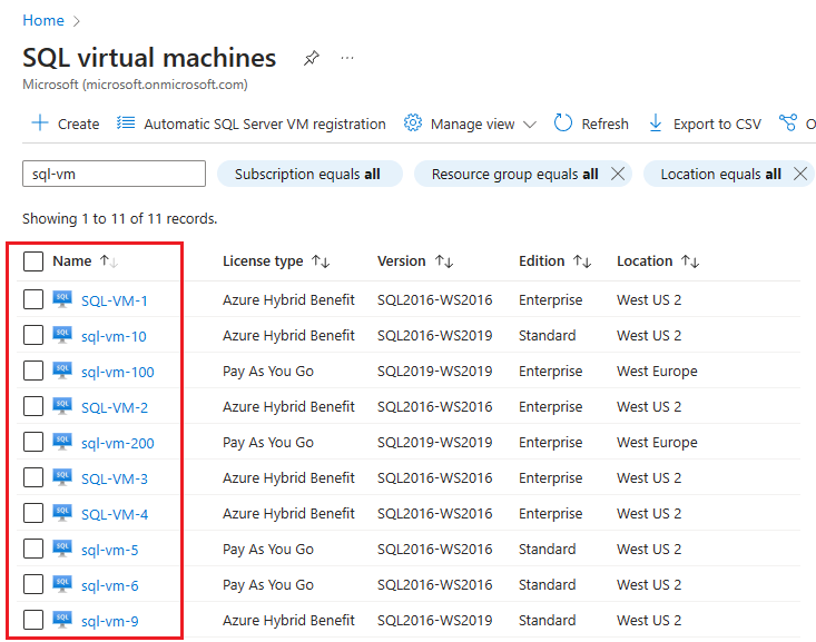 Captura de tela do portal do Azure, a página de recursos de máquinas virtuais do SQL, com uma VM selecionada.