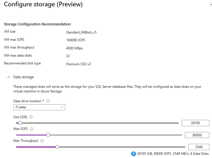 Captura de tela da janela de configuração de armazenamento no portal do Azure.