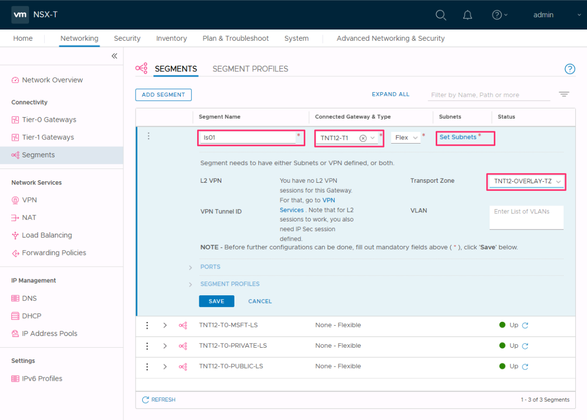 Captura de tela mostrando os detalhes dos segmentos para adicionar um novo segmento de rede do NSX-T.