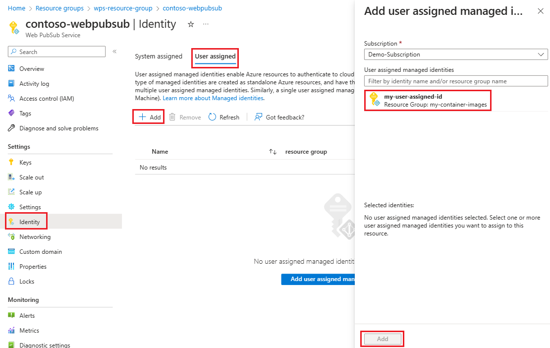 Captura de tela que mostra a adição de uma identidade gerenciada atribuída pelo usuário.