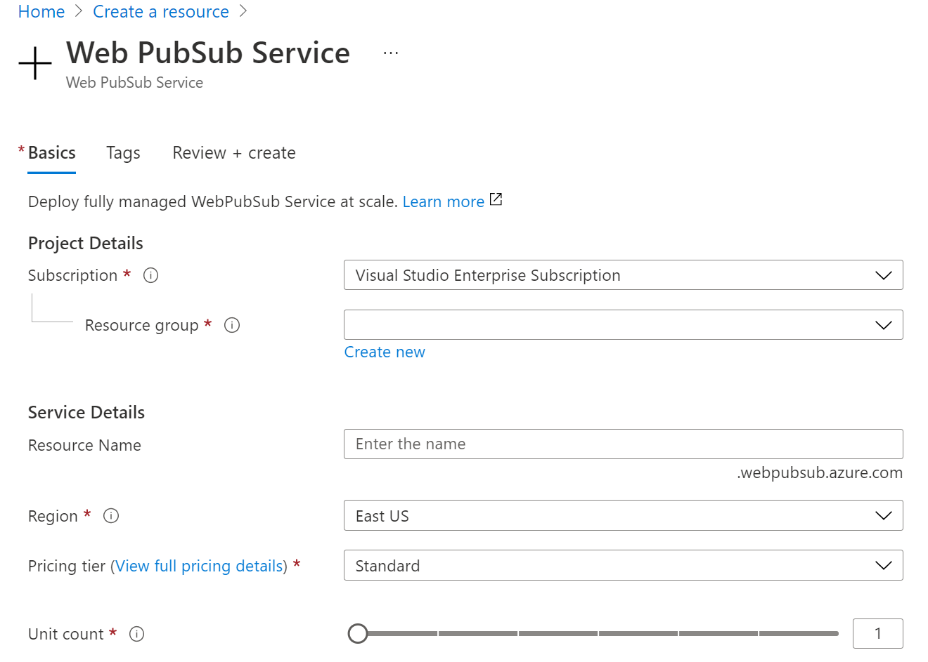 Captura de tela da criação da instância do Azure Web PubSub no Portal.