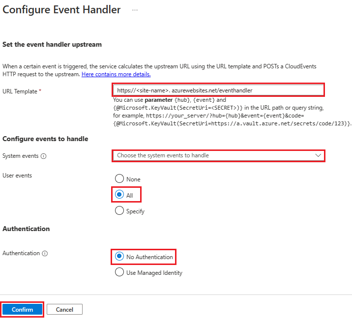 Captura de tela do Manipulador de Eventos de Configuração do Azure Web PubSub.