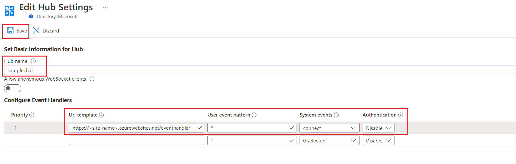 Captura de tela do Azure Web PubSub Configure Hub Settings.