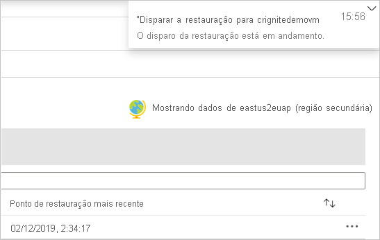 Captura de tela que mostra uma notificação 'Disparar restauração em andamento'.