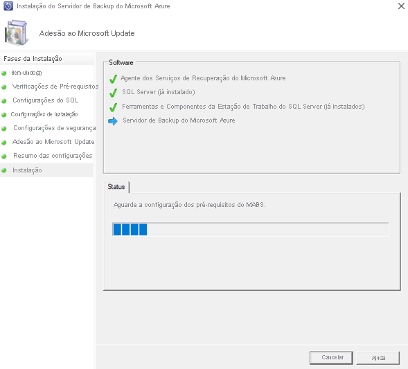 Captura de tela mostrando o progresso da configuração do Servidor de Backup do Azure.