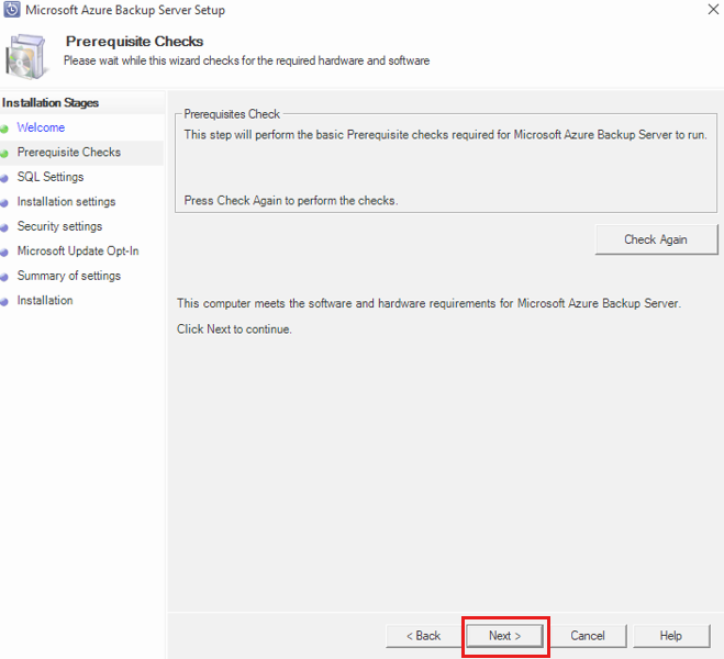 Captura de tela mostrando as boas-vindas do Servidor de Backup do Azure e a verificação de pré-requisitos.