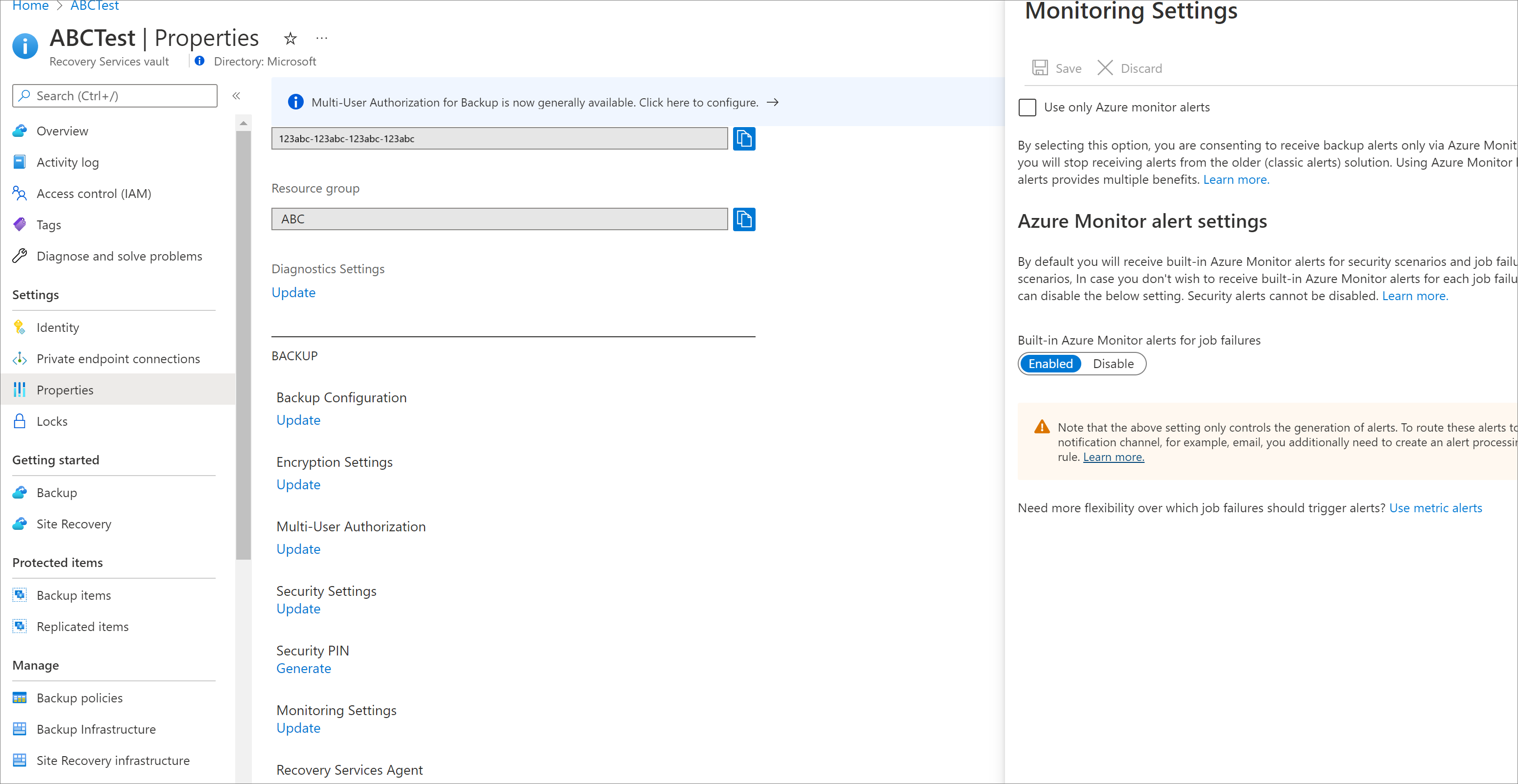 Captura de tela mostrando opções para habilitar ou desabilitar alertas internos do Monitoramento do Azure.