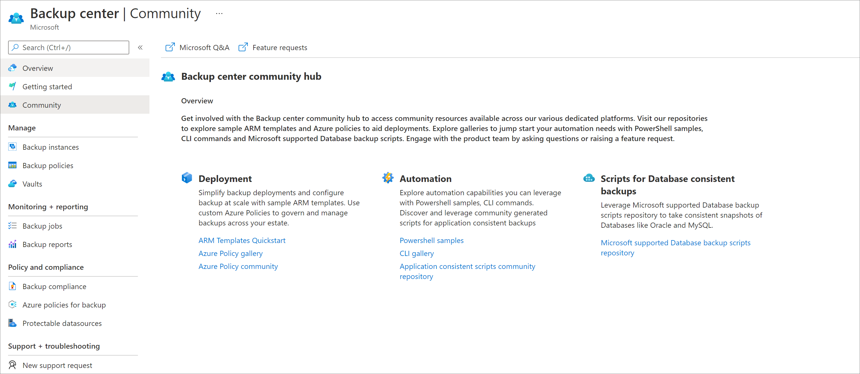 Captura de tela mostrando como acessar o Hub de Comunidade por meio do Centro de Backup.