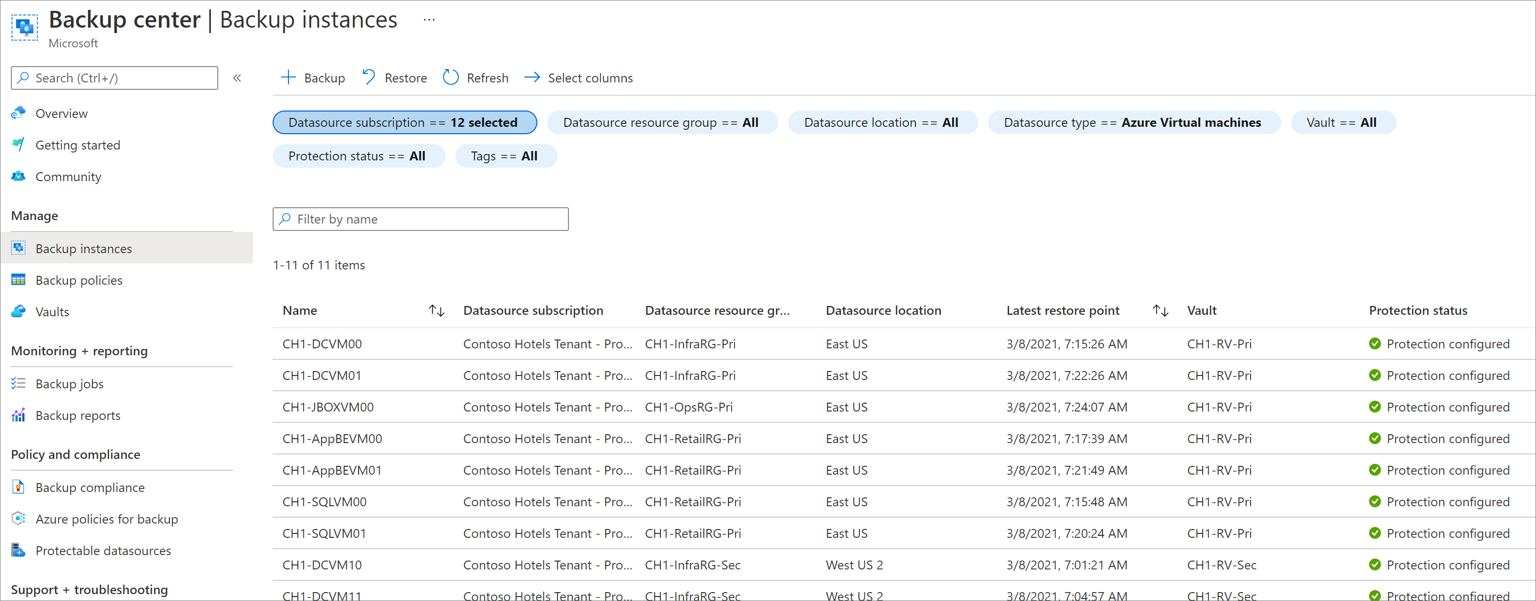 Captura de tela que mostra as instâncias do Centro de Backup.