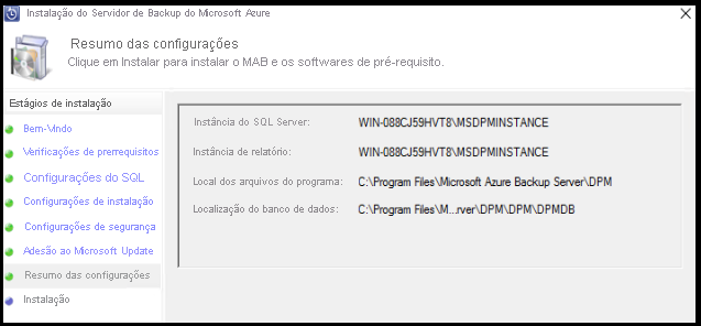 Resumo das configurações