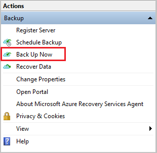 Captura de tela que mostra como iniciar o backup do Windows Server.