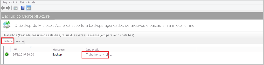 Captura de tela que mostra que o backup inicial foi concluído.