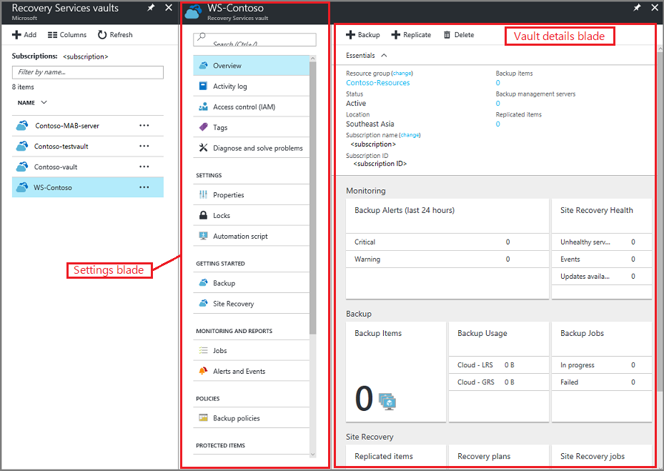 Captura de tela que mostra como exibir a configuração de armazenamento para o novo cofre.