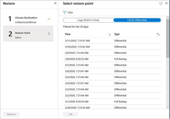 Captura de tela que mostra uma lista de pontos de restauração.