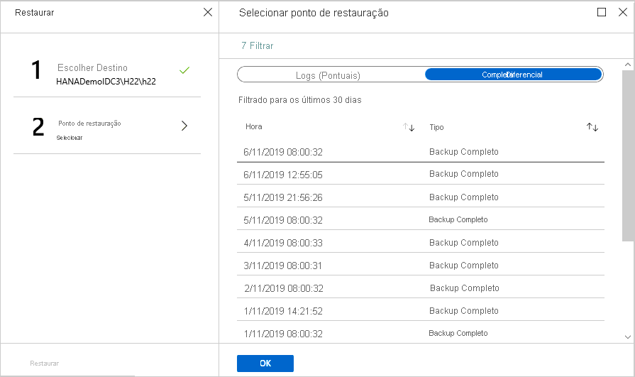 Captura de tela que mostra onde selecionar um ponto de recuperação específico.