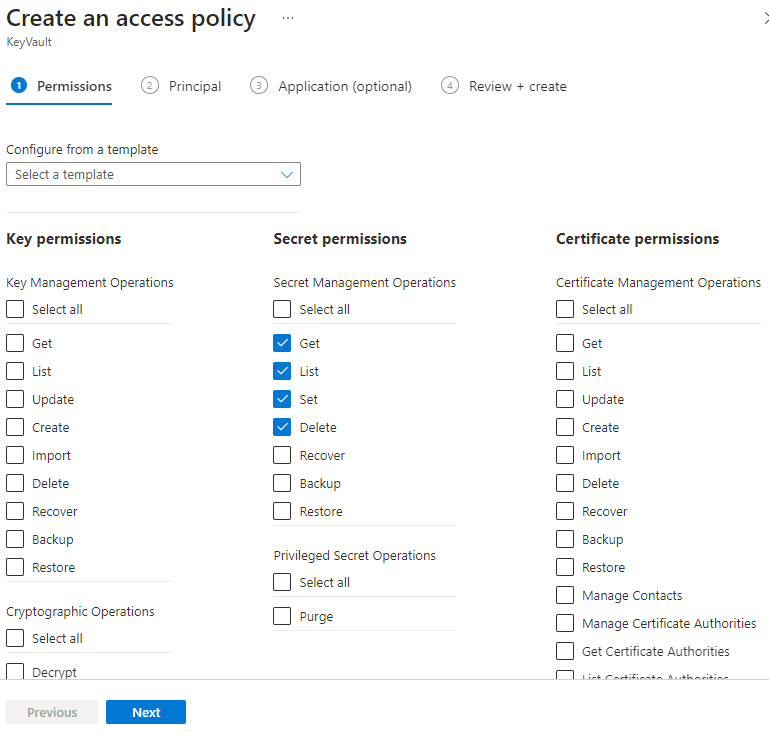 Captura de tela das seleções Permissões de segredo para o Lote do Azure