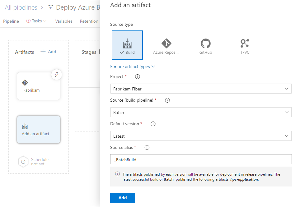 Captura de tela que mostra um link de artefato para o hpc-application package no pipeline de build apropriado.