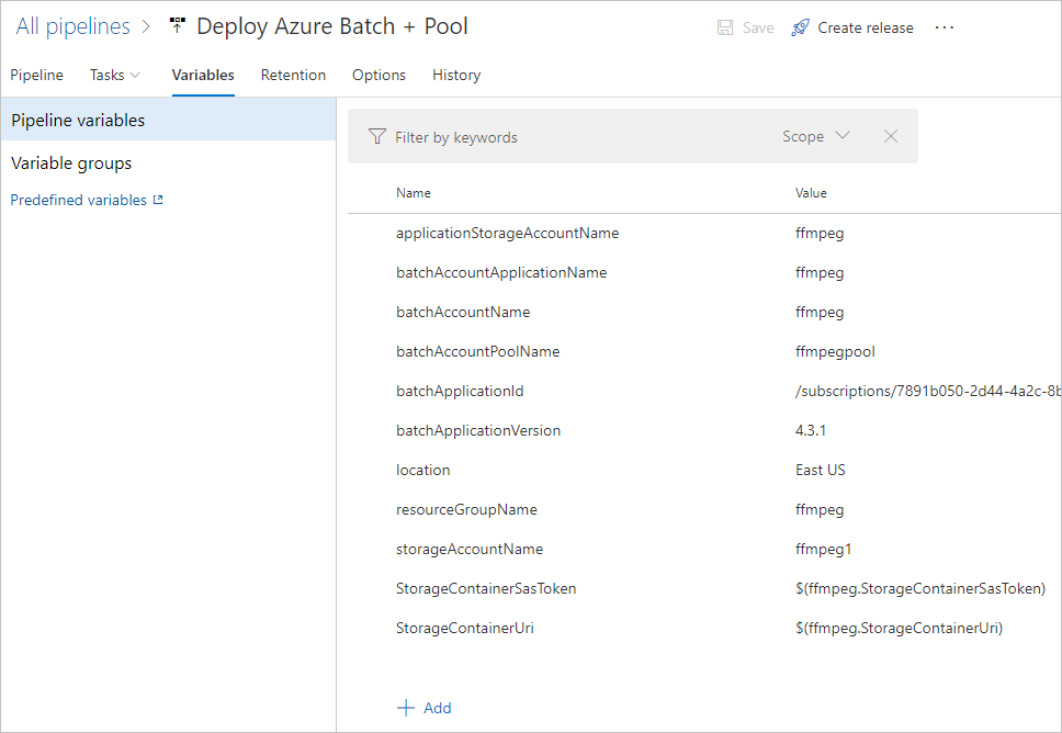 Captura de tela mostrando as variáveis definidas para a versão do Azure Pipelines.