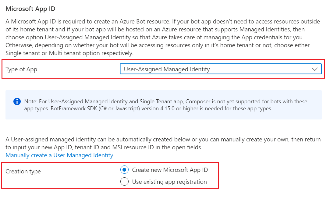 As configurações de ID do aplicativo da Microsoft para um recurso de Bot do Azure