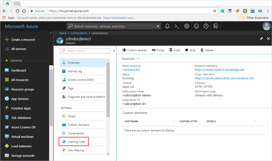 Captura de tela do botão de regras de armazenamento em cache da rede de distribuição de conteúdo.