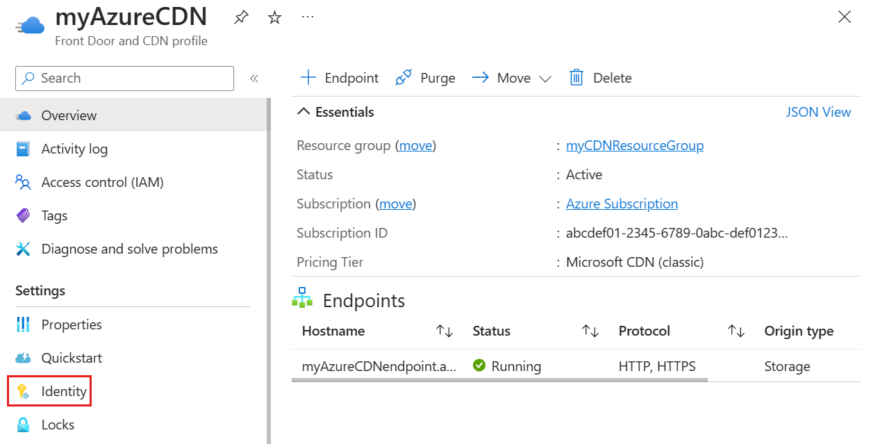 Captura de tela do botão de identidade em configurações para um perfil de rede de distribuição de conteúdo.