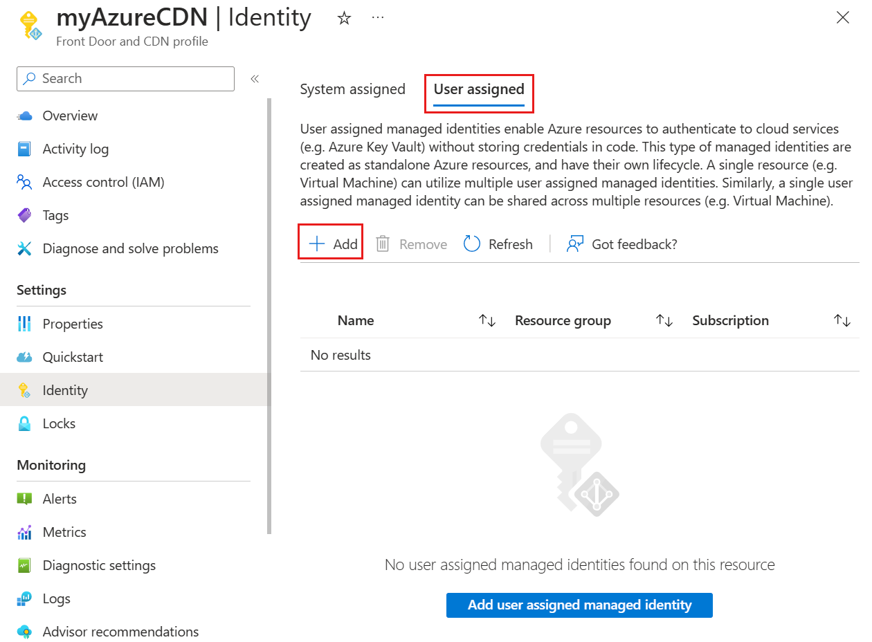 Captura de tela da página de configuração da identidade gerenciada atribuída pelo usuário.