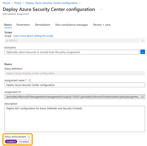 Captura de tela que mostra a configuração do modo de imposição como Habilitado no portal do Azure.