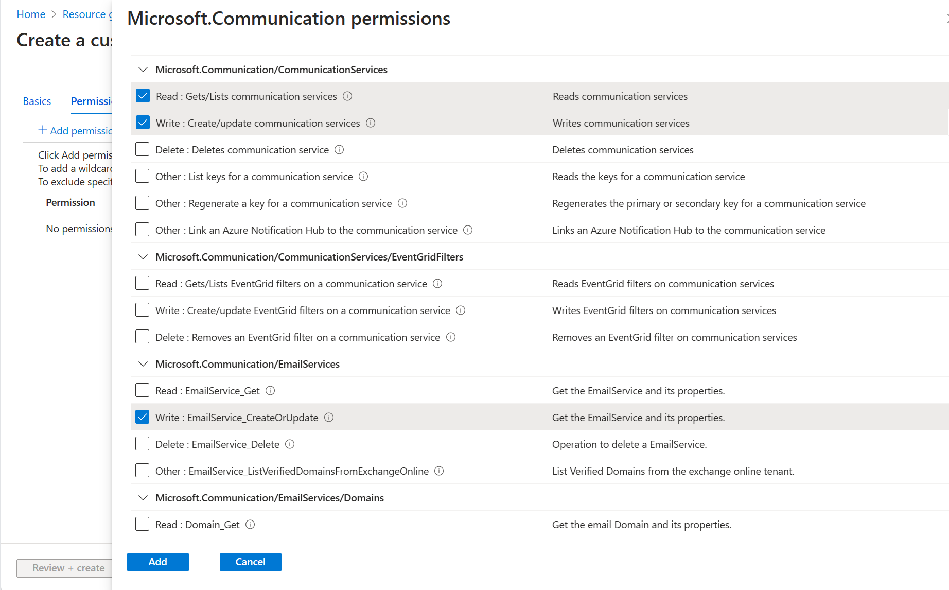 Captura de tela que mostra a adição de permissões dos Serviços de Comunicação do Azure.