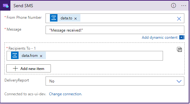 Captura de tela da configuração do conector do SMS.