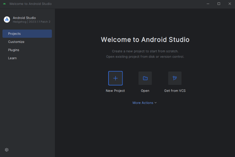 Captura de tela que mostra o botão 'Iniciar um novo Projeto do Android Studio' selecionado no Android Studio.