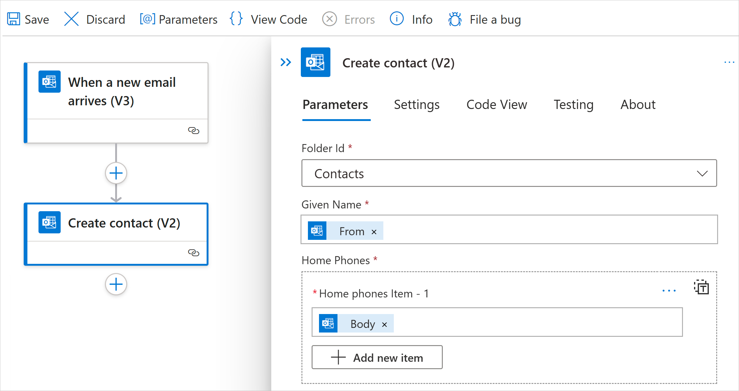 A captura de tela mostra o portal do Azure, o fluxo de trabalho Padrão e os parâmetros de ação.