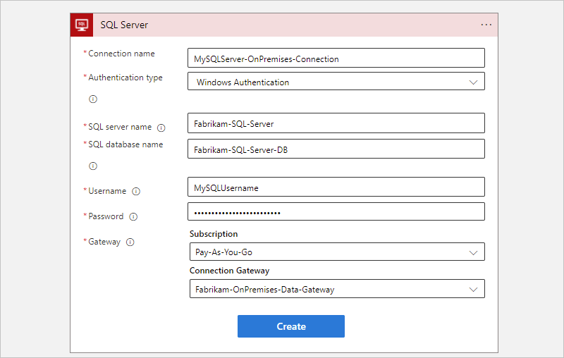 A captura de tela mostra o portal do Azure, o fluxo de trabalho de Consumo e as informações de conexão local do SQL Server com a autenticação selecionada.