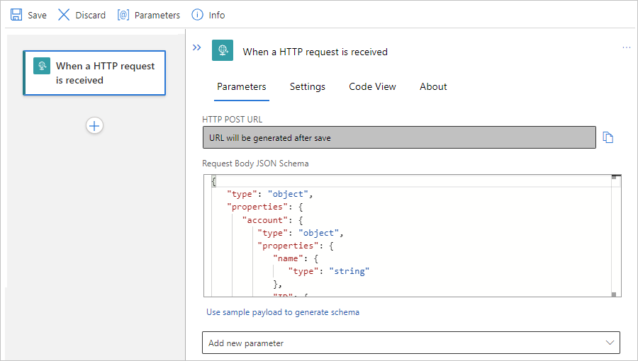 Captura de tela mostrando o fluxo de trabalho Standard e o gatilho de Solicitação com esquema JSON de exemplo.