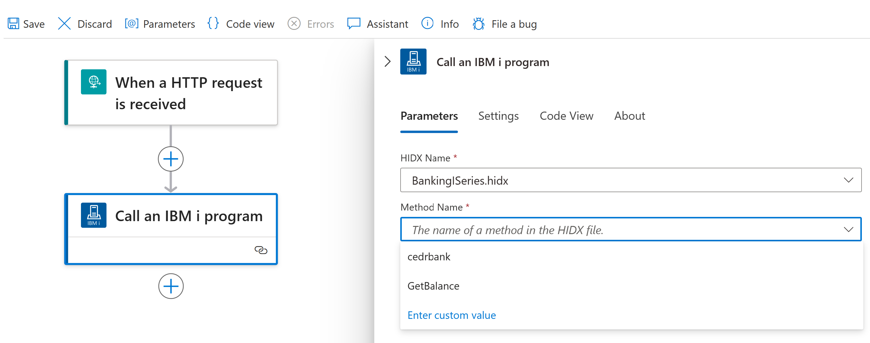 A captura de tela mostra a ação IBM i com o arquivo e o método HIDX selecionados.