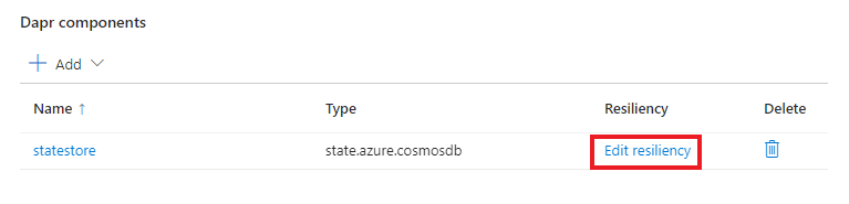 Captura de tela mostrando como é possível editar políticas de resiliência existentes para o componente Dapr aplicável.