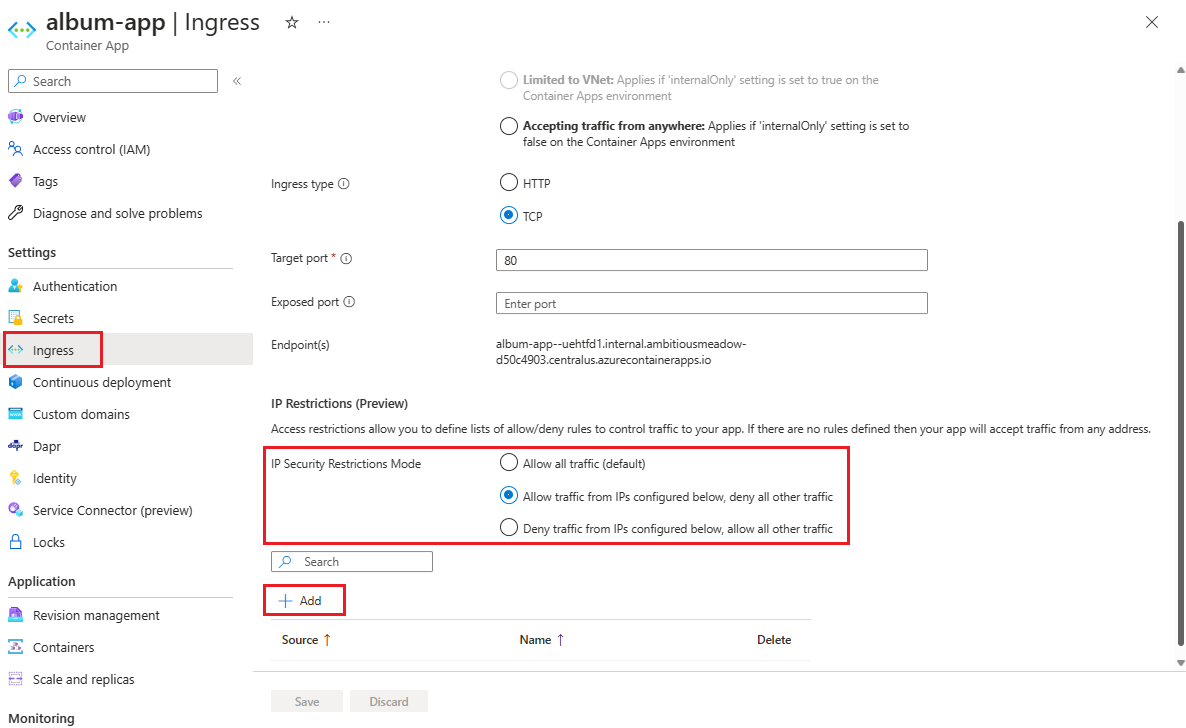 Captura de tela das configurações de restrição de IP na página entrada do aplicativo de contêiner.